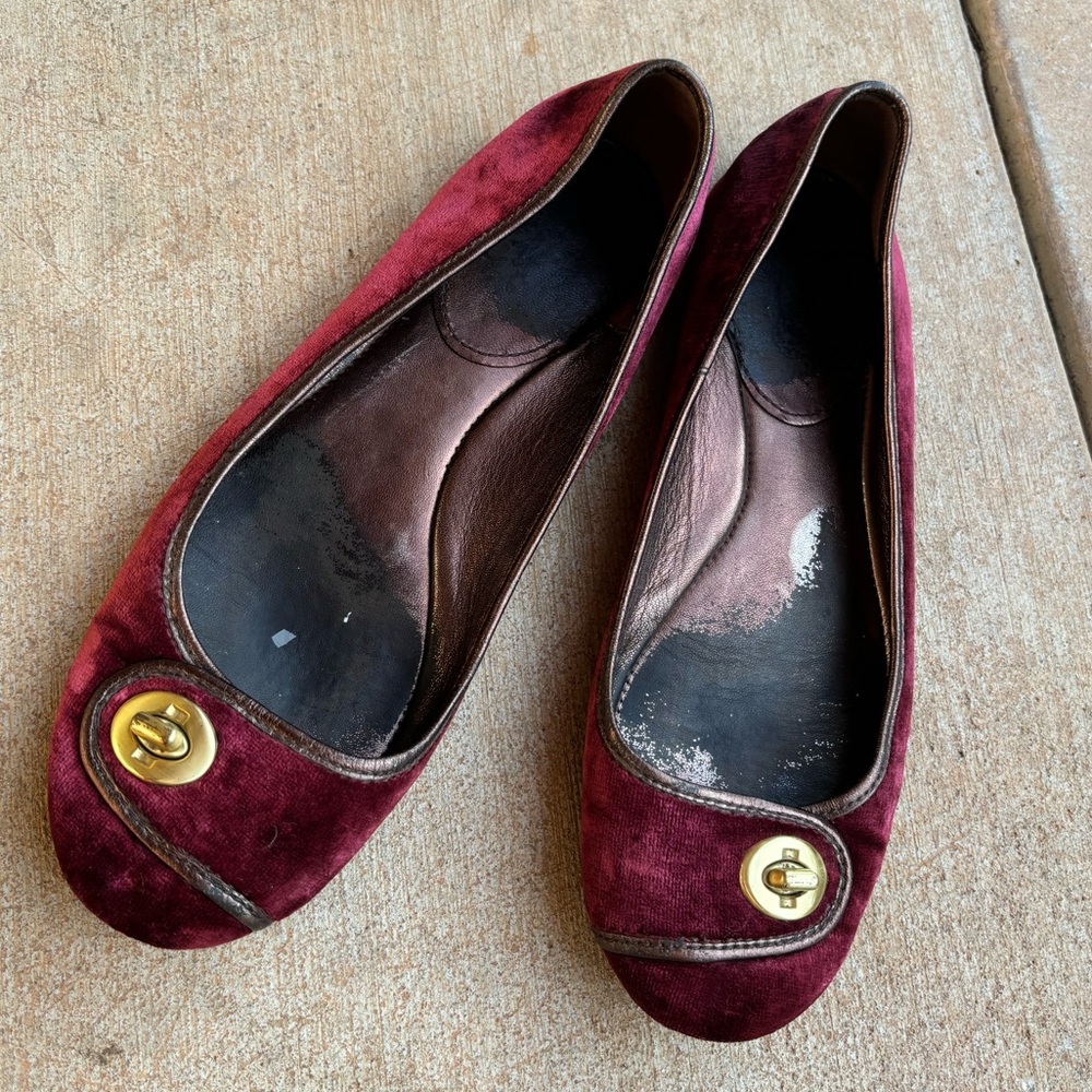 Coach Turnlock Burgundy Velvet Ballet Flats with Gold Accent
